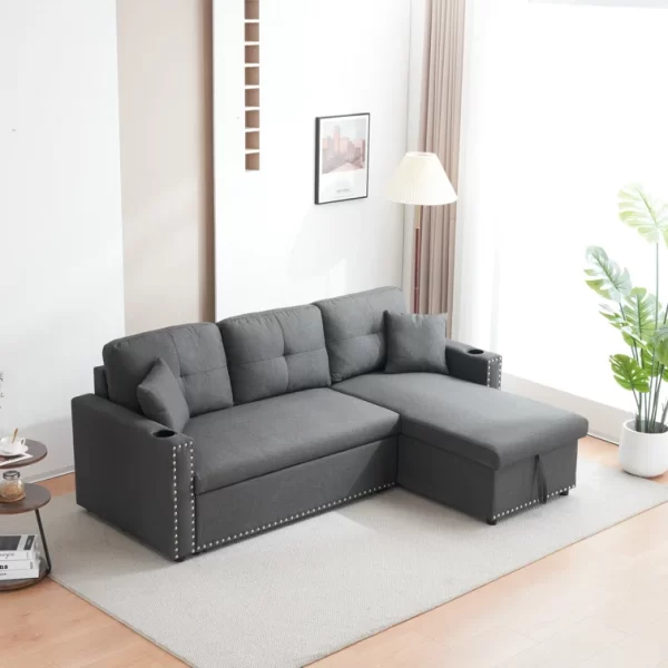 Cidalino+83''+Upholstered+Sleeper+Sofa+Chaise+with+Storage&+2+Cup+Holders